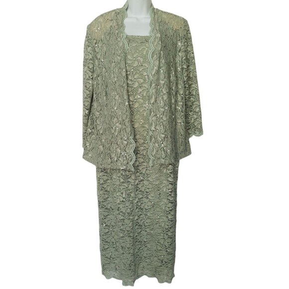 Women’s Alex Evenings 2-piece Maxi Dress Set XL Green Lace Sequins Jacket - Picture 2 of 16